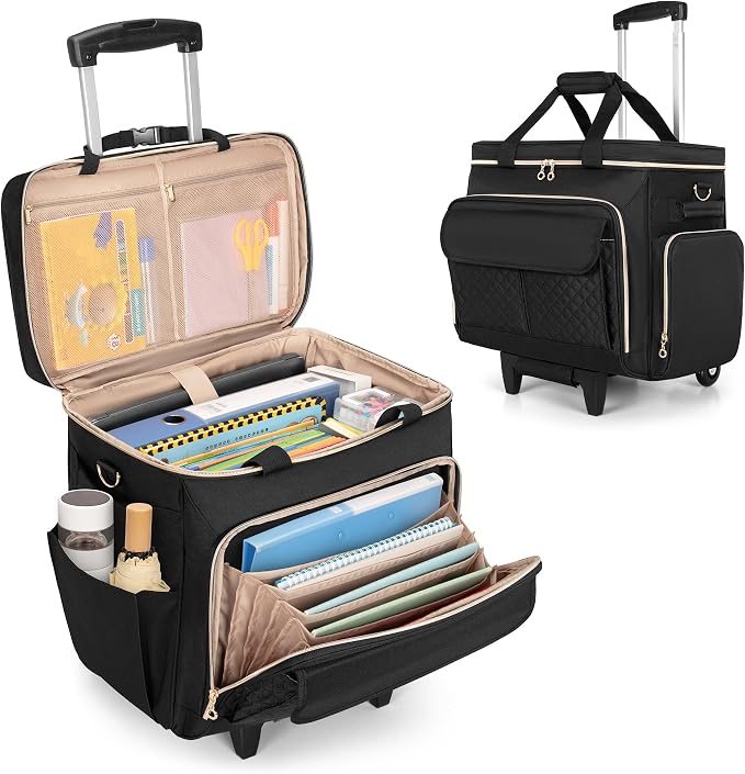 LUXJA Rolling Teacher Bag with Laptop Compartment and Detachable Dolly, Multifunctional Rolling Briefcase with Accordion File Area (Patented), Black