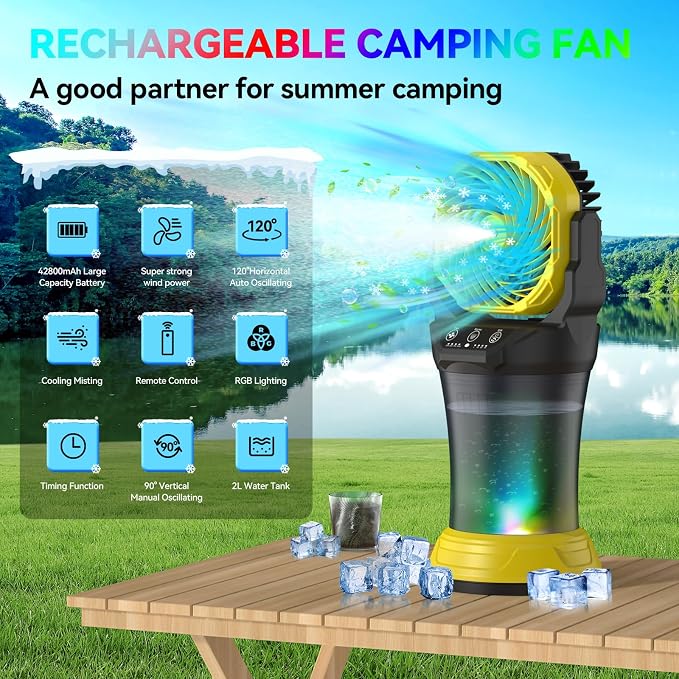 Wilody Misting Fan Portable Battery Powered, Camping Fan with RGB Ambient Light with 2L Bucket, Battery Indicator, 120° Auto Oscillating, Timing Function, Grip Handle(Yellow)