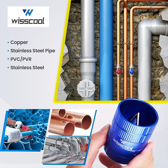 WISSCOOL Pipe Reamer Tool, Copper PVC Tube Deburring Tool Plumping Tools Pipe Cleaner 1/4" to 1-5/8" Inner Outer Reamer Pipe Tubing Chamfer for Metal PVC PPR Copper Brass Aluminum(Blue)
