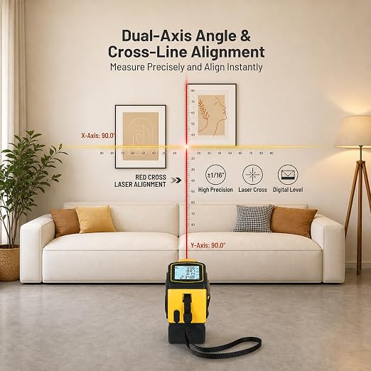 4-in-1 Digital Laser Tape Measure, 16FT Tape, 328FT Distance Meter | 33FT cross-line laser, area, volume and ceiling height for room measurements, flooring, furniture layout and home remodeling