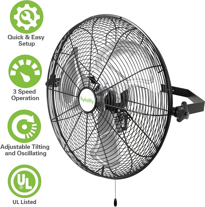 hykolity 4300 CFM 18 inch Industrial Wall Fan, 3-Speeds High Velocity Wall Mount Fan with Sealed Motor, Heavy Duty Metal Barn Fans for Shop, Garage, 2 Pack