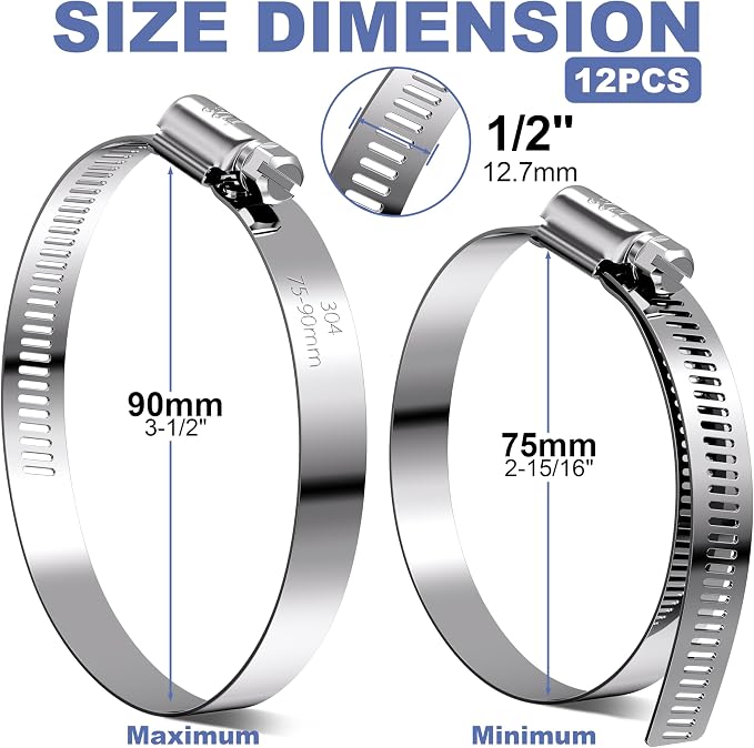 12Pack 3 inch Hose Clamps,Stainless Steel Large Hose Clamp Adjustable from 2-15/16"-3-1/2"/75-90mm,Metal Worm Gear Duct Clamp for Dryer Vent Hose,Fuel Line,Plumbing,Automotive,Exhaust,Radiator
