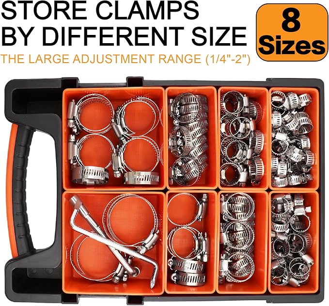 175PCS 304 Stainless Steel Hose Clamps Assortment Kit 1/4" to 2" Worm Gear Hose Clamp Set for Radiator,Heater,Automotive,Marine,Mechanical Plumbing,Pipe,Tube,Coolant,Garden W/Carrying Case
