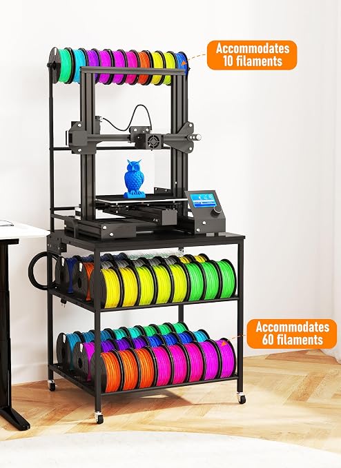 Baoz 3D Printer Stand with Filament Storage, 3-Tier Rolling 3D Printer Desk with Wheels, Built-in Power Strip, Heavy Duty Stand Table for PLA/ABS/PETG/TPU, Printer Cart for Studio, Office, Workshop