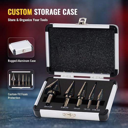 Step Drill Bits, HSS 5PCS Titanium Step Drill Bit Set, 50 Sizes in 5 High Speed Steel Unibit Drill Bits Set for Sheet Metal with Aluminum Case, Multiple Hole Stepped Up Bits for DIY Lovers