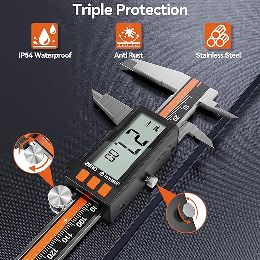 Preciva Digital Caliper 6", Rechargeable Stainless Steel Micrometer | Type-C charging, durable steel body, large LCD with auto-off saves power, in/mm/frac, for 3D-printing machining woodworking