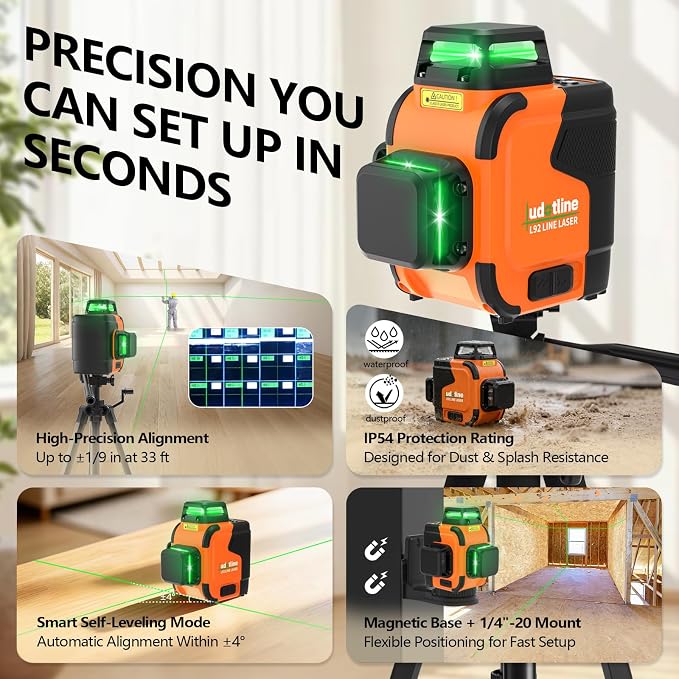 3D-360 Lasers level Self Leveling laser levels Professional tools | Three 360° laser planes project 12 bright green lines for wall, floor, ceiling, tile and cabinet alignment.