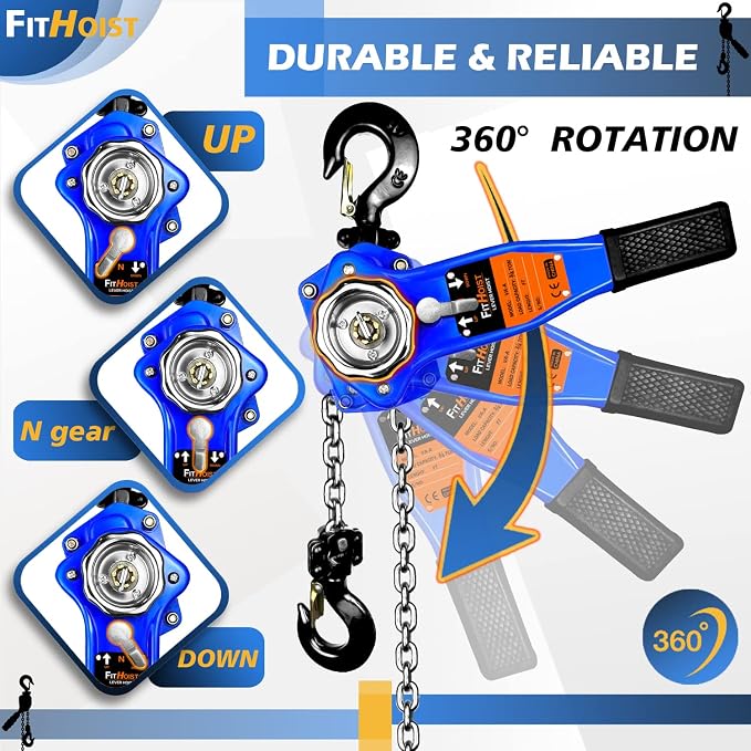 Lever Chain Hoist 1650LBS Capacity 10FT Manual Ratchet Chain Puller Hoist with 2 Hooks for Open-Air and Unpowered Operations (1650LBS 10FT)