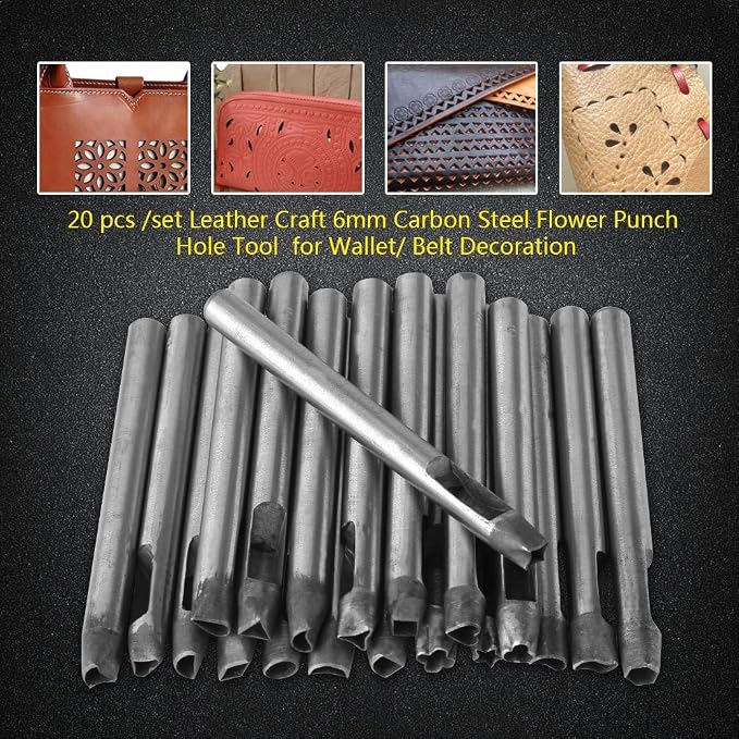 Leather Punch Tool Set 6mm 20pcs Flower Pattern Tools for Wallet Belt Decoration Carbon Steel Craft Kit for DIY Leathercraft Projects