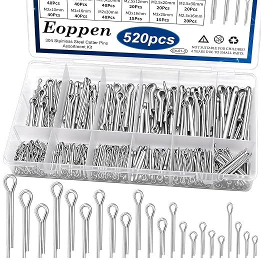 520Pcs Cotter Pin Assortment Kit - 304 Stainless Steel 24 Sizes Small Cotter Pin Set for Automotive, Trailer, Hitch Pin Lock System