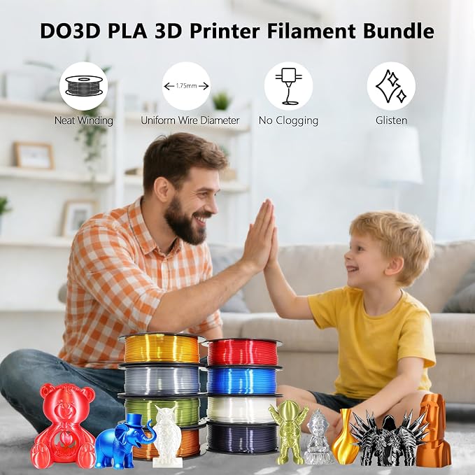 1.75mm Silk PLA 3D Printer Filament Bundle, 8 Silk Shiny Colors: Gold/Silver/Copper/Bronze/Black/White/Red/Blue, Each Spool 250g, 8 Spools, Total 2Kg 3D Printing Material, 250g x 8 Spools