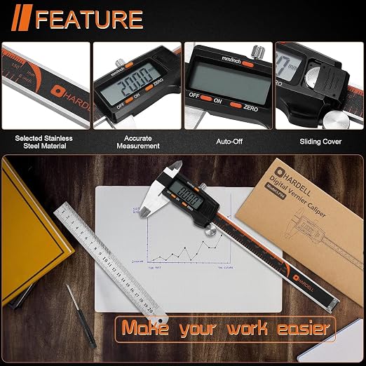 HARDELL Digital Caliper 6 Inch with Large LCD Screen, Calipers Measuring Tool with Auto-Off Feature, Inch/Millimeter Conversion, Electronic Vernier Caliper Micrometer for Jewelers/Woodworkers/DIY