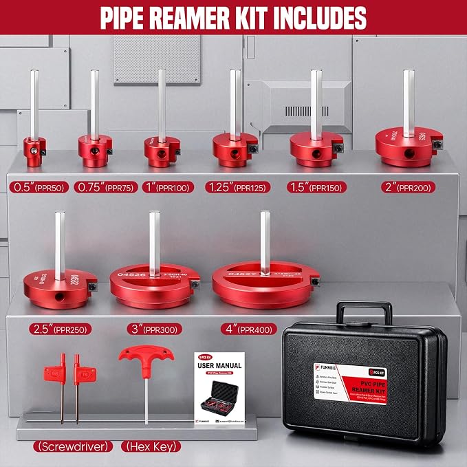 9Pcs PVC Pipe Reamer Kit, Durable Aluminum PVC Fitting Saver for Sch.40 CPVC, ABS, Lightweight Socket Saver Plumbing Tool Includes 1/2", 3/4", 1", 1-1/4", 1-1/2", 2", 2-1/2", 3", 4",1/2" Drill