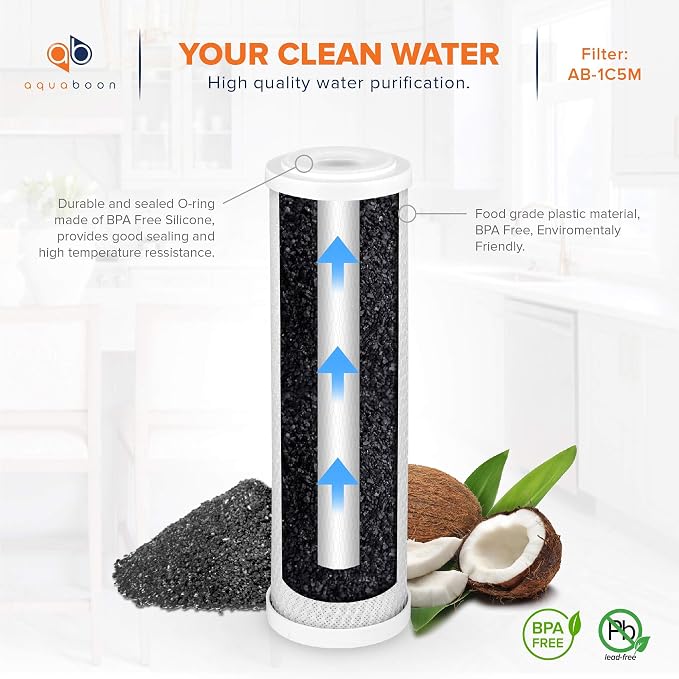Aquaboon 5 Micron 10 x 2.5 House Water Filters Cartridges, Set of 12 | Sediment & Carbon Filter Replacements Compatible with WHKF-WHWC, P5, WHKF-GD05