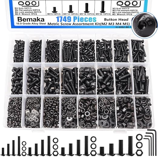 1749Pcs Metric Screw Assortment Kit, M2 M3 M4 M5 Metric Bolts and Nuts Kit with Lock & Flat Washers, 10.9 Grade Alloy Steel Button Head Socket Cap Screws for 3D Printing
