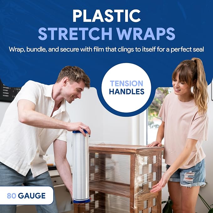 International Plastics Co. 18" Stretch Film/Wrap 1500 feet 7 Layers 80 Gauge Industrial Strength up to 800% Stretch 20 Microns Adhering Packing Moving Heavy Duty (Clear, 1 Pack - Tension Handles)