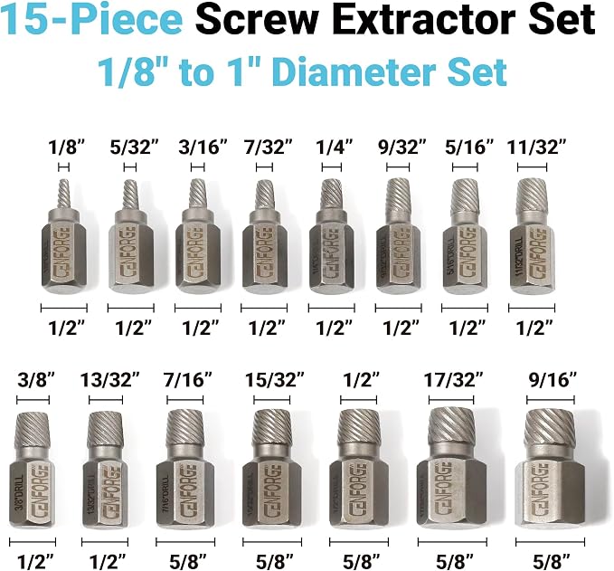 15-Piece Screw Extractor Set, Hex Head Multi-Spline, Easy Out Bolt Extractor Tool, Chrome Molybdenum Alloy Steel Heavy Duty EZ Out Rounded Screw Remover