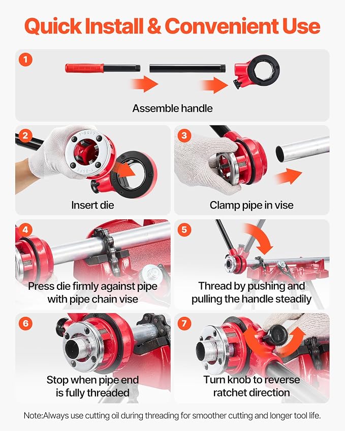 VEVOR Ratchet Pipe Threader Kit with 3 Dies, 1/2" BSPT, 3/4" BSPT, 1" BSPT Manual Ratcheting Pipe Threading Tool, Portable Pipes Threader Set with Toolbox for Plumbing Installation & Repair