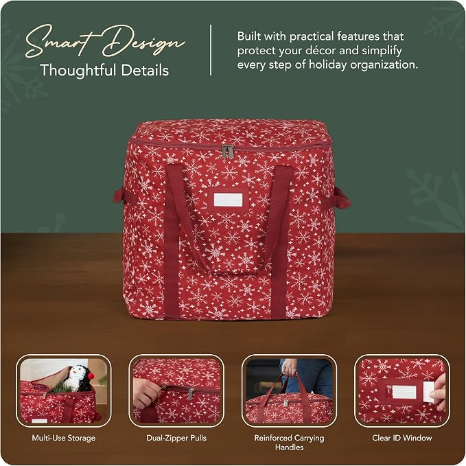 Covermates Keepsakes Treasurekeeper Storage Bag - Carrying Handles, ID Window - Holiday Storage, Red Snowflake