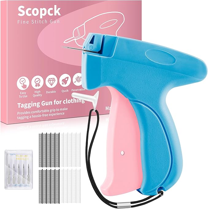 Stitch Gun for Clothes - Handheld Stitch Gun Quick Clothing Fixer - Mini Sewing Kit Micro Tagging Gun - Includes 6 Needle, 1000 Black Fasteners & 1000 White Fasteners（Pink-Blue）
