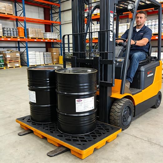 2 Drum Spill Containment Platform with Forklift Pockets, Heavy-Duty 2000 lb Capacity, Stackable Leakproof Modular Tray for Industrial & Garage Storage, 48" x 24" x 4"