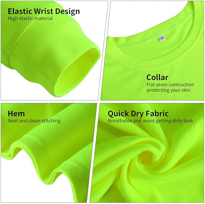 Zhanmai 6 Pack Safety Long Sleeve, Class 3 High Visibility T Shirt with Reflective Strips for Work Surveyor Construction