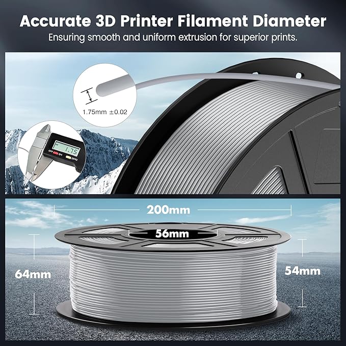 SUNLU PLA 3D Printer Filament PLA Filament 1.75mm, Neatly Wound 3D Printing Filament 1.75mm, Dimensional Accuracy +/- 0.02 mm, Fit Most FDM 3D Printers, 1kg Spool (2.2lbs),Silver