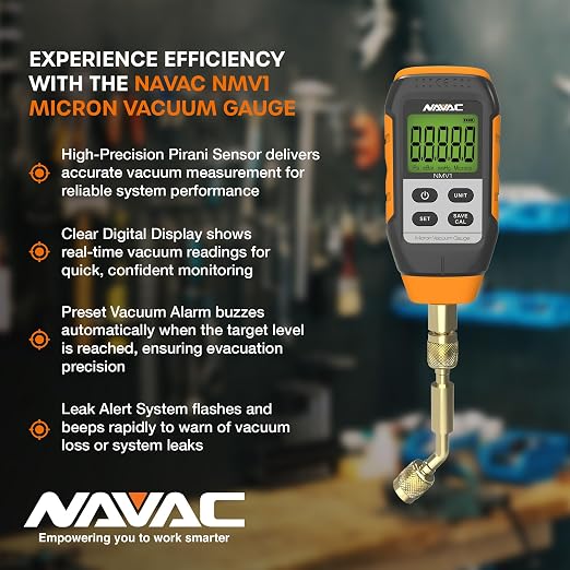 NAVAC NMV1 Micron Vacuum Gauge - HVAC Digital Vacuum Gauge with Level Alarm and Leakage Warnings - Large Backlit Display