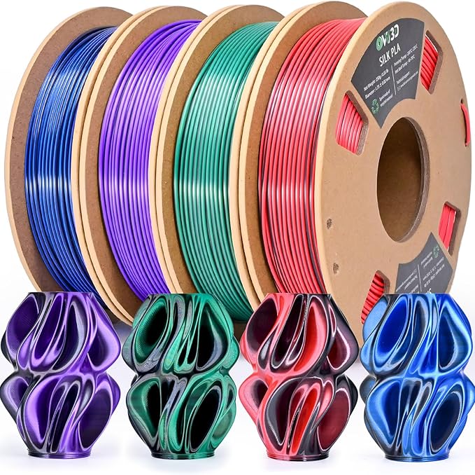 OVV3D Silk PLA 3D Printer Filament Bundle 250g x 4 Spools, Shiny Dual Color Filament 1.75mm Pack, Multi Color Change 3D Printing Filament, High Gloss Shine, 4 Pack (Black - Purple, Red, Green, Blue)