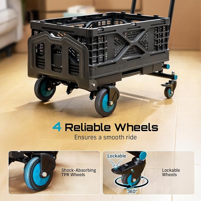 SEESII Foldable Dolly Cart with Folding Basket, 330 lbs Max Capacity Portable Hand Cart, 2-in-1 Heavy Duty Folding Hand Truck with Adjustable Retractable Handle for Moving, Delivery, Warehouse Use