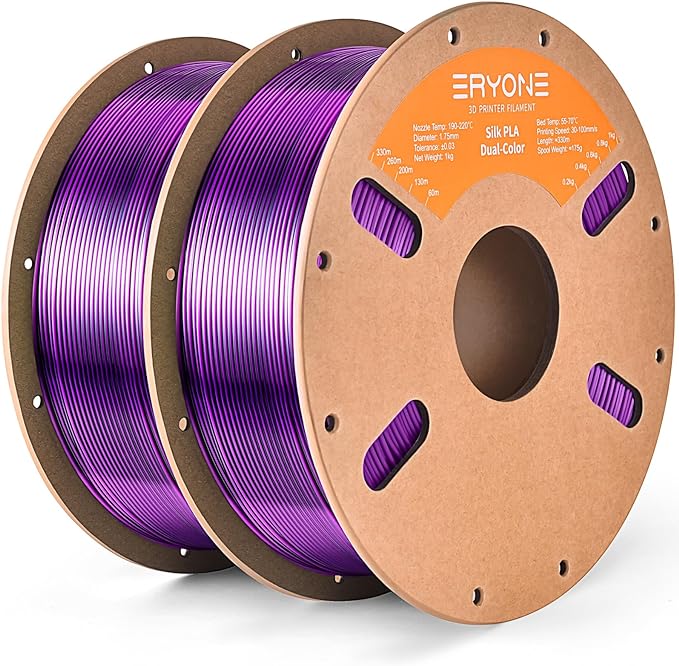 ERYONE Silk Dual Color PLA Filament 3D Printer 1.75mm +/- 0.03mm, Bicolor Filament Two Tone PLA Bundle 2KG Cardboard Spool, Black Purple