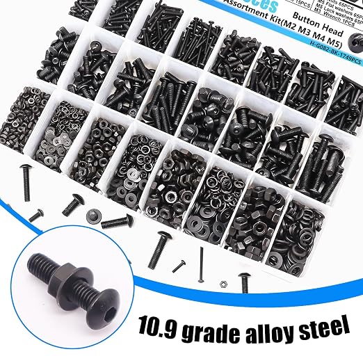 1749Pcs Metric Screw Assortment Kit, M2 M3 M4 M5 Metric Bolts and Nuts Kit with Lock & Flat Washers, 10.9 Grade Alloy Steel Button Head Socket Cap Screws for 3D Printing