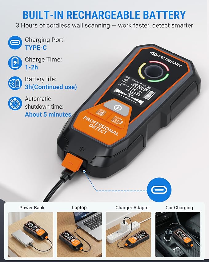 Stud Finder Wall Scanner, 6 in 1 Rechargeable Stud Finder Tool with LCD Display Sound Alarm Wood Beam Detector with Positioning Hole Locate Center and Edge of Metal AC Wires Studs Joist Pipe