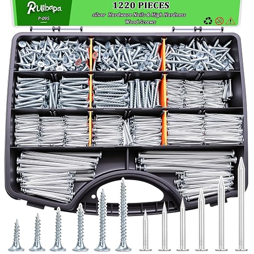 1220Pcs High Hardness Wood Screws & Premium Hardware Nails Assortment Kit, 13 Sizes (1/2''-4''),Phillips Drive Flat Head, Wood Screws, Galvanized, Picture Hanging, Wood, Common Nails with Storage Box