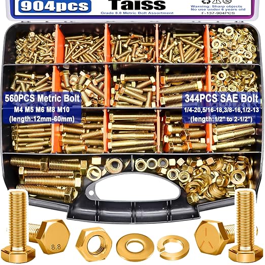 Taiss 904pcs Grade 8.8 Metric Bolt Assortment & SAE Nuts and Bolts Assortment Kit,M4 M5 M6 M8 M10 1/4-20,5/16-18,3/8-16 1/2-13(12-60mm) Heavy Duty Hex Bolt Washer Yellow Zinc Plated,with Handheld Box