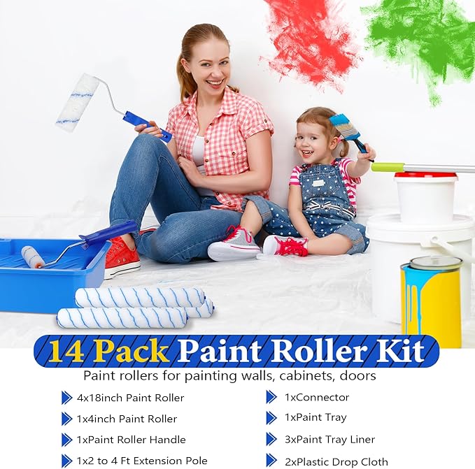 18 Inch Paint Roller Kit, 14 Pack Paint Roller Set with 2-4 Ft Extension Pole, Paint Tray Liners with Plastic Sheeting for Painting Walls Ceilings House Corner Stain