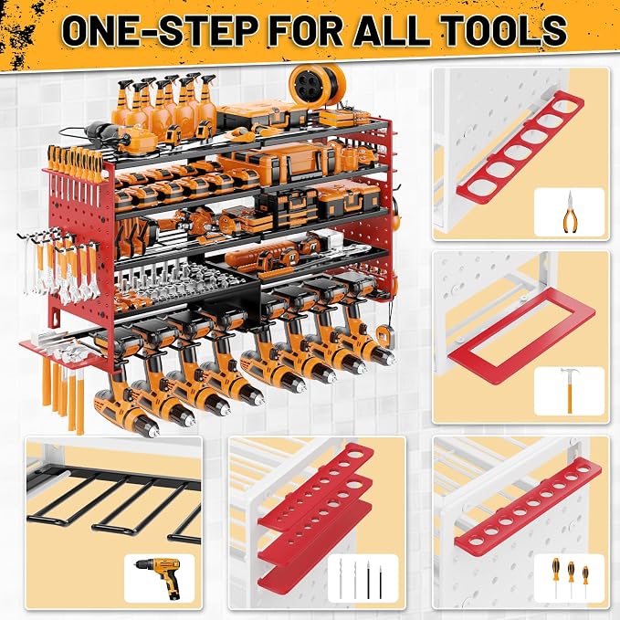 5 Layers Power Tool Organizer Wall Mount, Metal Cordless Tool Hanger Storage Rack Holder with 8 Drill Holders, Heavy Duty Garage Wall Tool Shelf for Workshop Tool Room Shed Pegboard (Black Red)