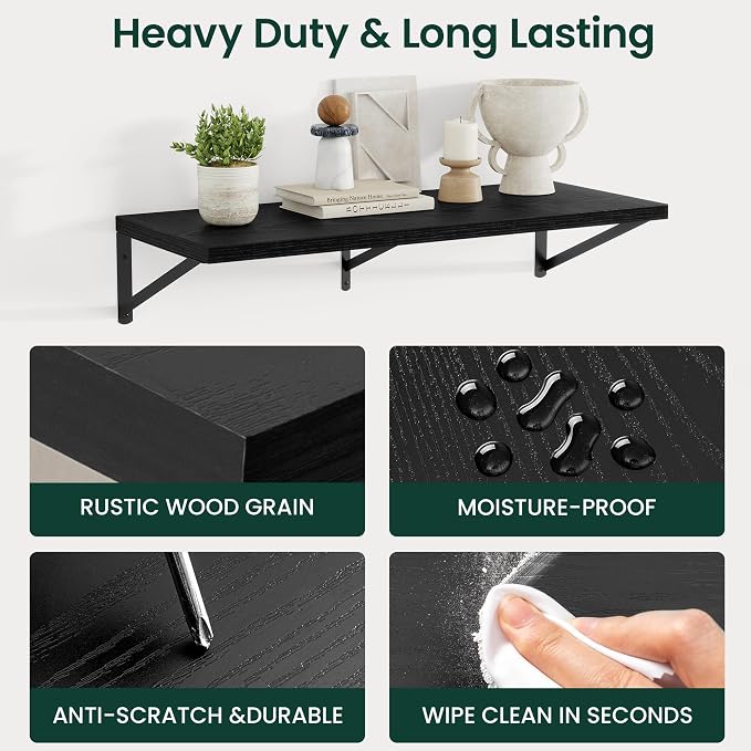 Floating Shelves 12 Inch Deep, 48W x 12D Wall Shelf Set of 2, 70 lbs Heavy Duty Reversible Metal Brackets, Deep Industrial Book Shelf for Living Room Kitchen Bath Bedroom Coffee Bar, Black