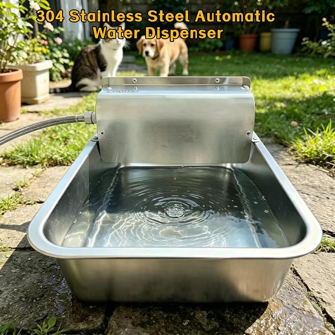 304 Stainless Steel Automatic Dog Waterer - 11L Large Capacity Pet Water Dispenser with 3/4" Brass Adapter & Drain Hole, Anti-Leak Design for Dogs, Cats, Alpacas & Livestock, Outdoor Farm Use