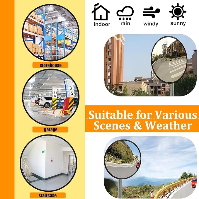24" Unbreakable Convex Traffic Mirror – Vision up to 35FT, Lightweight PC, Ideal for Driveways, Garages, Warehouses, and more Indoor/Outdoor Use