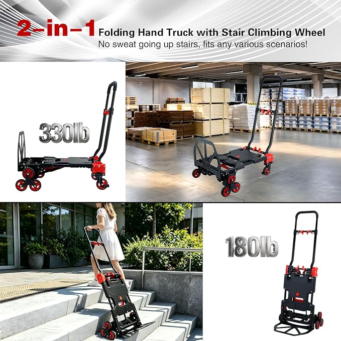 2 in 1 Folding Hand Truck Dolly,330LB Stair Climbing Dolly Cart with Wheels,Hand Truck Foldable with Telescoping Handle,Collapsible Hand Truck for Moving&Transportation(Red)