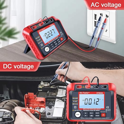 Xin Tester 2500V AC DC Insulation Megger Tester Megohmmeter, 250V/500V/1000V/2000V High Voltage Auto Ranging Auto Earth Grounding 200GΩ Resistance Meter LCD Display XT502A