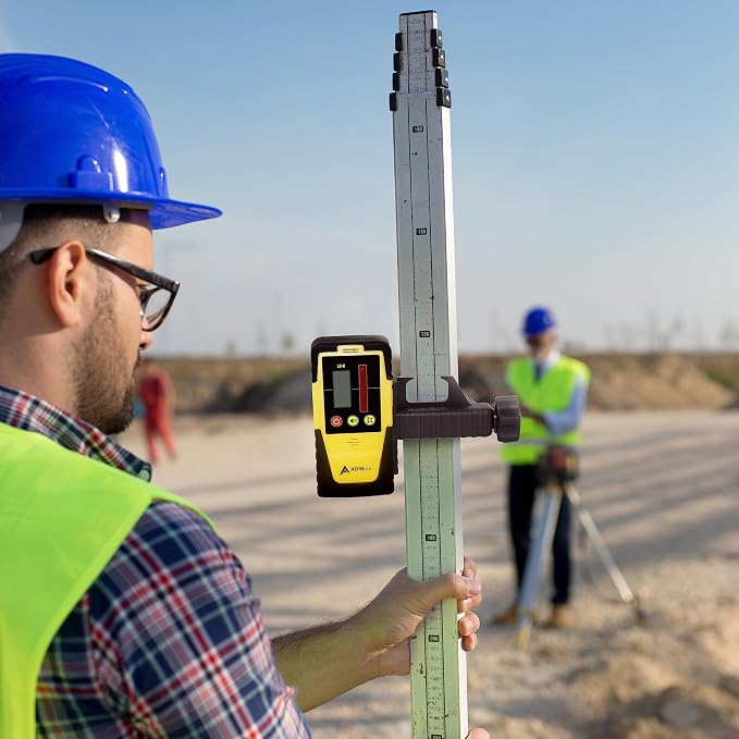 AdirPro Universal Rotary Laser Detector (LD-8) - Digital Rotary Laser Receiver with Dual Display and Built-In Bubble Level, Compatible with Most Red Rotary Lasers - Rod Clamp Included