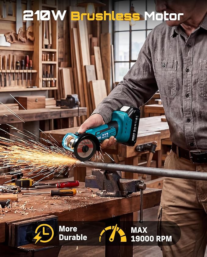 SEESII Cordless Mini Angle Grinder: 3-Inch Brushless Angle Grinder 19000 RPM with 2pcs 21V 2.0Ah Batteries, 7pcs Cutting Discs, 210W Power Electric Grinder Tool for Metal Wood Polishing Rust Removal