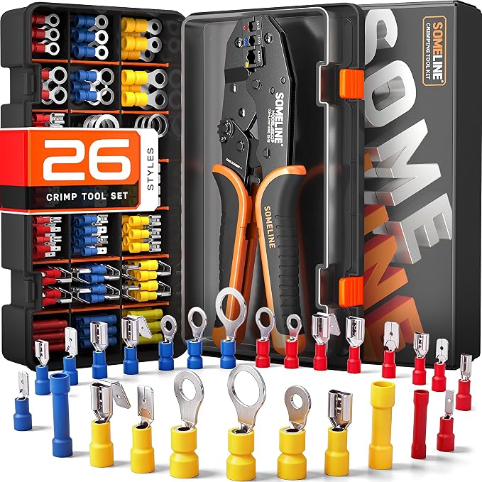 SOMELINE Wire Connectors Kit with Crimping Tool, 26 Types (UL Listed) Premium Insulated Electrical Terminals Assortment, 22-10 AWG Ratchet Wire Crimper - Ring, Butt, Quick Disconnects (187 Pcs)