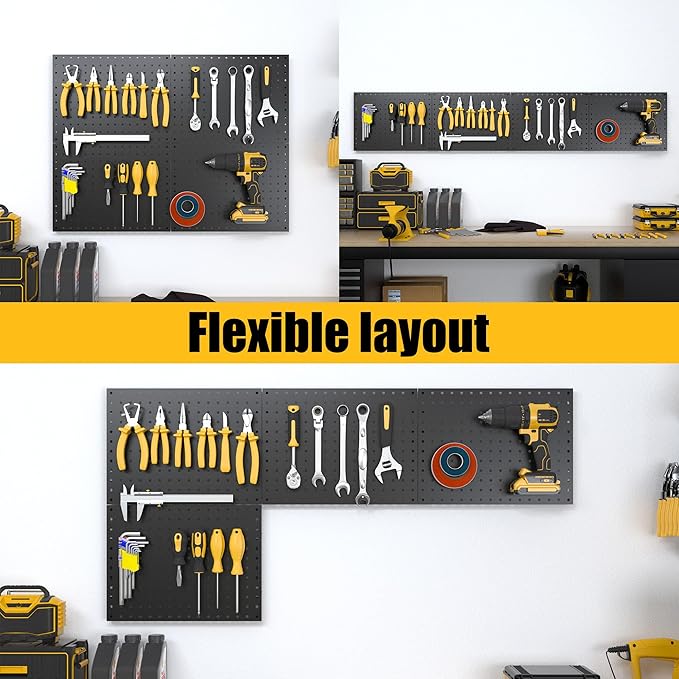 Spampur Peg Board, 4 Pack Metal Pegboard Panels Black Pegboards Wall Organizer, Tools Pegboard Storage System for Workbench, Garage Tool Storage, Office Organization, Wall Home, Craft Room