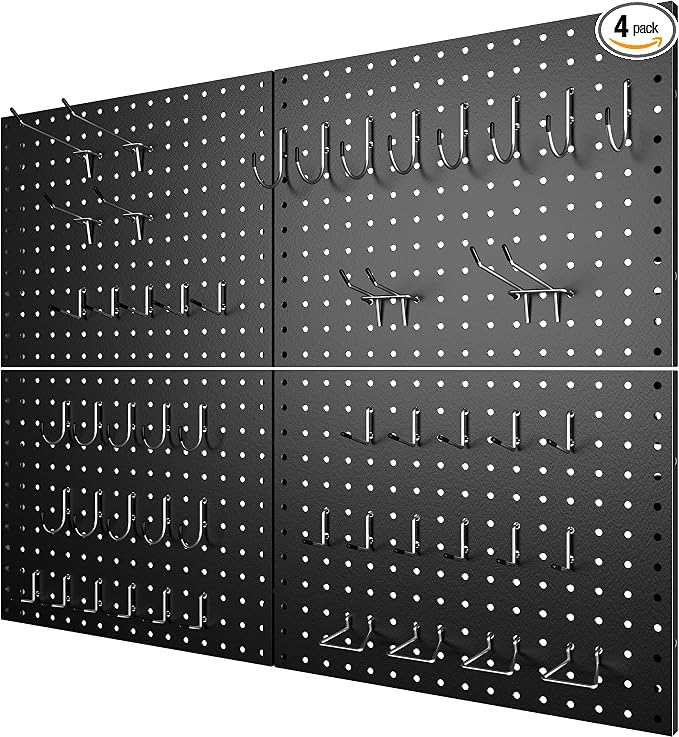 4 Pack Metal Pegboard Panels with 50 Hooks, Black Pegboard Wall Organizer, Pegboard Accessories, Heavy Duty Garage Tool Storage System for Workbench, Workshop, Office, Craft Room