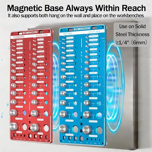 Upgrade Thread Checker, 78 Nut and Bolt Thread Checker with Magnetic Base, 28 Standard & 28 Metric & 22 Drill Bit Gauge, Wall-Mountable Bolt Thread Identifier Gauge for Quick Measurement
