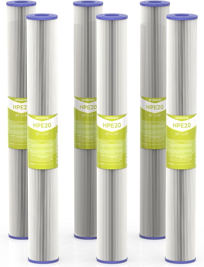 20 Micron Whole House Water Filter Cartridge, Pleated Sediment Filters for Well Water, Universal Replacement for Any 20 inch Silm Housings - 20" x 2.5" Cartridges - Pack of 6