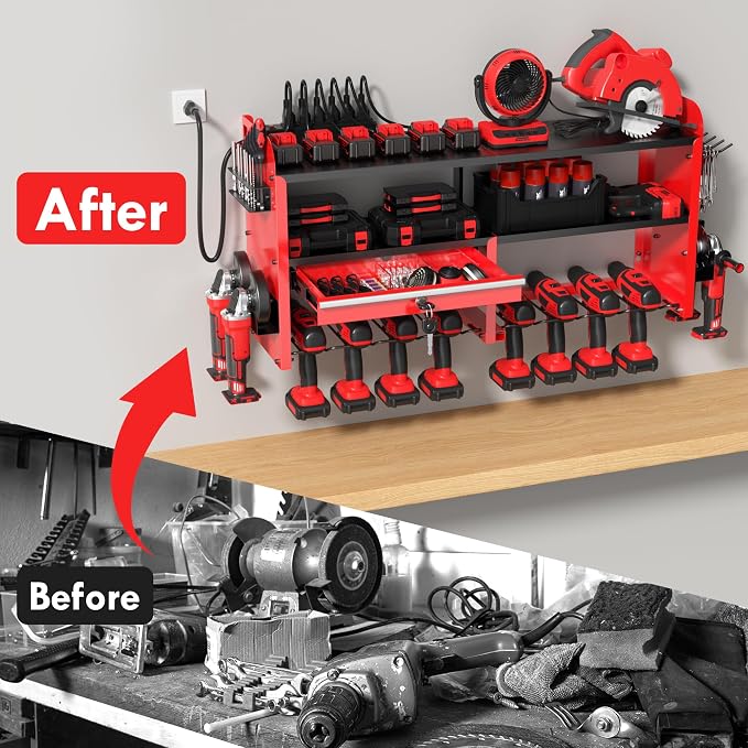 KSVO Power Tool Organizer Wall Mount with Drill Rack, Grinder Holder, Hammer & Pliers Rack, Locking Drawers, 6-Outlet Charging Shelf – Heavy Duty Metal Tool Storage for Garage, Workshop (Red)